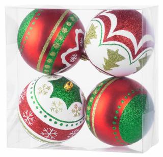 Gule Vianoce, 4 ks, červeno - zelené, s ornamentami, na vianočný stromček, 10 cm