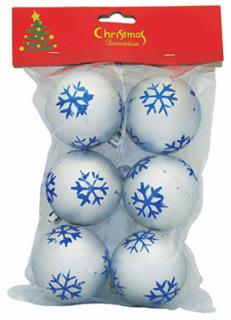 Gule Vianoce, 6 ks, strieborné s modrými vločkami, 6 cm