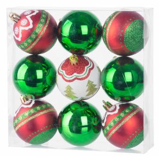 Gule Vianoce, 9 ks, červeno - zelené, s dekoráciou, na vianočný stromček, 6 cm