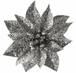 Kvet GlitterPoinsettia, so štipcom, strieborný, veľkosť kvetu: 9 cm, 6 ks
