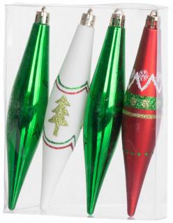 Ozdoba Vianoce, 4 ks, červeno-zelené, s dekoráciou, na vianočný stromček, 3x15 cm