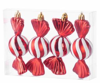 Ozdoba Vianoce, sada, 4 ks, 11,5 cm, cukríky, červené, na vianočný stromček