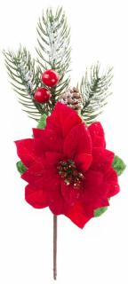 Vetvička s kvetom poinsettia, červená, 22 cm, bal. 6 ks