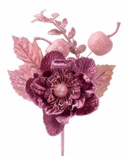Vetvička s kvetom, ružová, 22 cm, bal. 6 ks