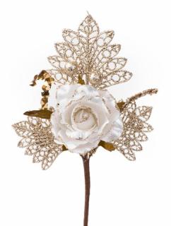 Vetvička s ružou, bielo - zlatá, 26 cm, bal. 6 ks