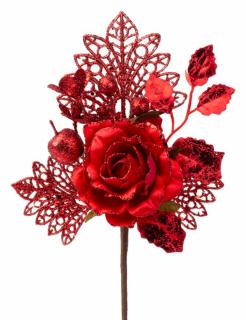 Vetvička s ružou, červená, 25,5 cm, bal. 6 ks