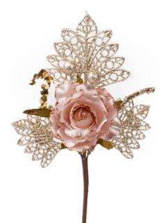 Vetvička s ružou, ružovo - zlatá, 26 cm, bal. 6 ks