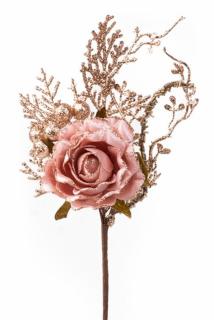 Vetvička s ružou, ružovo - zlatá, 26cm, bal. 6 ks