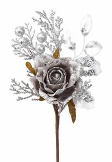 Vetvička s ružou, sivá, 26 cm, bal. 6 ks