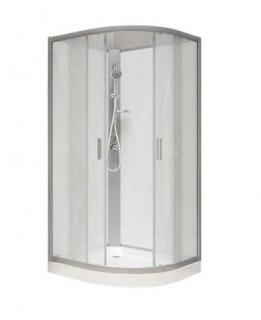 Sprchový box, štvrťkruh, 80cm, satin ALU, sklo Point, zadne steny biele, SMC vanička, bez striešky