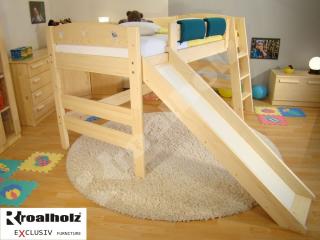 dětská zvýšená postel masiv FIJA N se skluzavkou (zvýšená postel z masivu FIJA N + SKLUZAVKA + ZÁBRANA UNI)