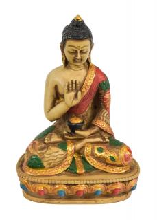 Sanu Babu Budha Amoghasiddhi, farebný, bohato zdobené rúcho, živica, 9x7x13cm