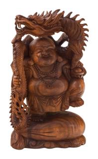 Sanu Babu Budha s drakom z dreva stromu Suar, 64cm