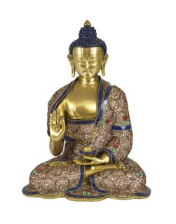 Sanu Babu Budha s gestom učenia, mosadzná socha zdobená polodrahokamami, 26x16x33cm