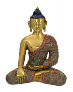 Sanu Babu Budha Sakyamuni, mosadzná socha zdobená polodrahokamami, 22,5x13x29cm