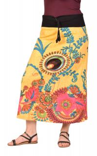 Sanu Babu Dlhá žltá sukňa s farebnou potlačou, elastický pás a šnúrka L/XL