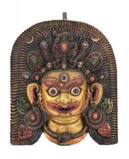 Sanu Babu Drevená maska, Bhairab, antik, ručne maľovaná, 42x12x44cm