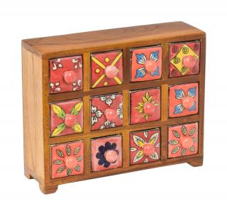 Sanu Babu Drevená skrinka s 12 keramickými šuplíkmi, ručne maľovaná, 29x11x24cm