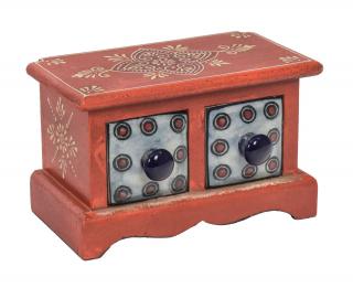Sanu Babu Drevená skrinka s 2 keramickými šuplíkmi, ručne maľovaná, 18x11x11cm (2K)