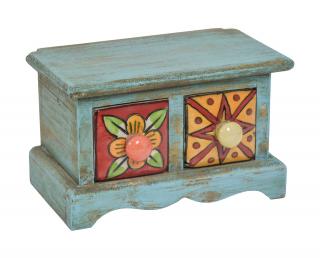 Sanu Babu Drevená skrinka s 2 keramickými šuplíkmi, ručne maľovaná, 18x11x11cm (2M)