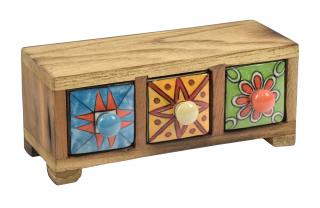 Sanu Babu Drevená skrinka s 3 keramickými šuplíkmi, ručne maľovaná, 22x8x9cm (1B)