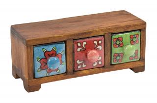 Sanu Babu Drevená skrinka s 3 keramickými šuplíkmi, ručne maľovaná, 22x8x9cm (1D)