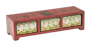 Sanu Babu Drevená skrinka s 3 keramickými šuplíkmi, ručne maľovaná, 36x14x10cm