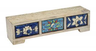 Sanu Babu Drevená skrinka s 3 keramickými šuplíkmi, ručne maľovaná, 38x12x10cm