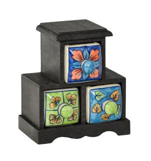 Sanu Babu Drevená skrinka s 3 keramickými šuplíkmi, ručne maľované, 16,5x12x18,5cm