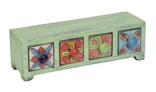 Sanu Babu Drevená skrinka s 4 keramickými šuplíkmi, ručne maľovaná, 29x12x9cm (0B)