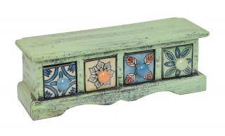 Sanu Babu Drevená skrinka s 4 keramickými šuplíkmi, ručne maľovaná, 31x11x11cm
