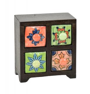 Sanu Babu Drevená skrinka so 4 keramickými šuplíkmi, ručne maľované, 15x11x17cm