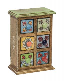 Sanu Babu Drevená skrinka so 6 keramickými šuplíkmi, ručne maľované, 15x12x25cm