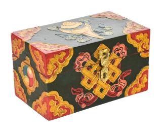 Sanu Babu Drevená šperkovnica ručne maľovaná, budhistické motívy, 15x10x9cm (1J)