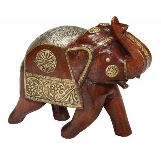 Sanu Babu Drevený slon, zdobený mosadzou, 20cm
