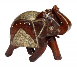 Sanu Babu Drevený slon, zdobený mosadzou, 25cm