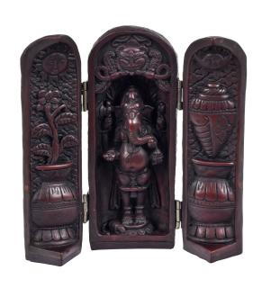 Sanu Babu Ganesh, cestovný oltár, živica, červená patina, 21 cm