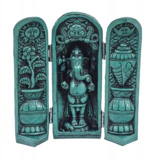 Sanu Babu Ganesh, cestovný oltár, živica, tyrkysová patina, 21 cm