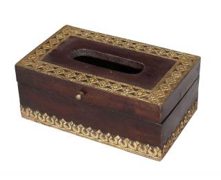 Sanu Babu Krabička na vreckovky, drevená, zdobená mosadzným plechom, 26x15x11cm