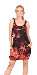 Sanu Babu Krátke balónové šaty ,,Flower design" čierne, s vreckami bez rukávov (7E) L