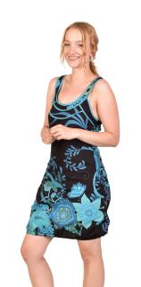 Sanu Babu Krátke balónové šaty ,,Flower design" čierne, s vreckami bez rukávov (7S) XXL