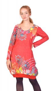 Sanu Babu Krátke bavlnené šaty s dlhým rukávom, červené s potlačou L/XL