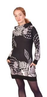 Sanu Babu Krátke bavlnené šaty s kapucňou, čierne s potlačou L/XL