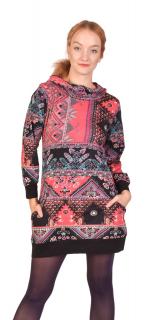 Sanu Babu Krátke bavlnené šaty s kapucňou, ružové s potlačou L/XL
