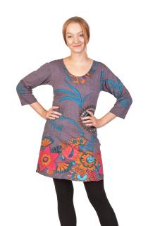 Sanu Babu Krátke šaty s 3/4 rukávom a okrúhlym výstrihom, farebná potlač, šedé L