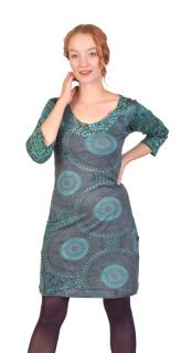 Sanu Babu Krátke šaty s 3/4 rukávom a okrúhlym výstrihom, potlač Mandal, modro-šedé L
