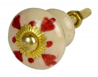 Sanu Babu Maľovaná porcelánová úchytka na šuplík, biela, červeno zdobená, zlatý dekor, 3cm