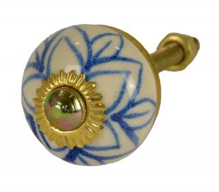 Sanu Babu Maľovaná porcelánová úchytka na šuplík, biela, modrá kvetina, priemer 2,8 cm