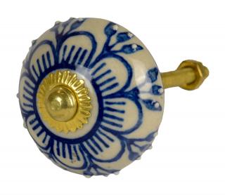 Sanu Babu Maľovaná porcelánová úchytka na šuplík, biela, modrá maľovaná kvetina, 4 cm