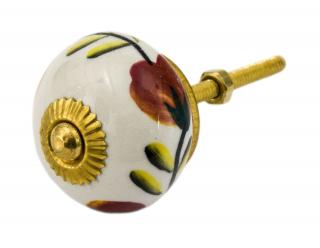 Sanu Babu Maľovaná porcelánová úchytka na šuplík, biela s kvetinou